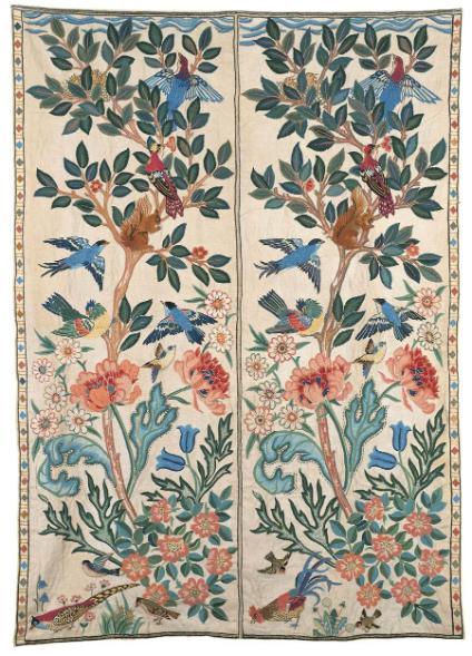 Pair of matching hangings, featuring flowers on the bottom, and trees and birds at the top